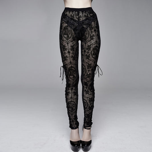 European And American Sexy Mesh Calf Side Tie Rope Gothic Leggings