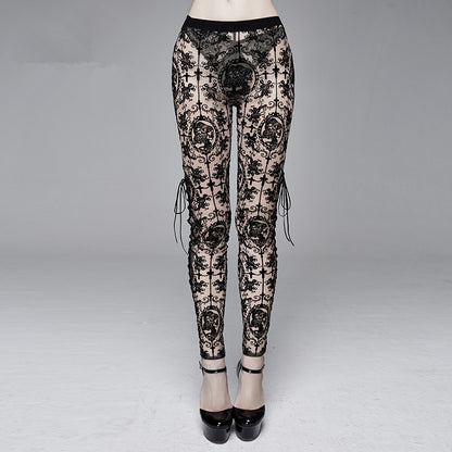 European And American Sexy Mesh Calf Side Tie Rope Gothic Leggings