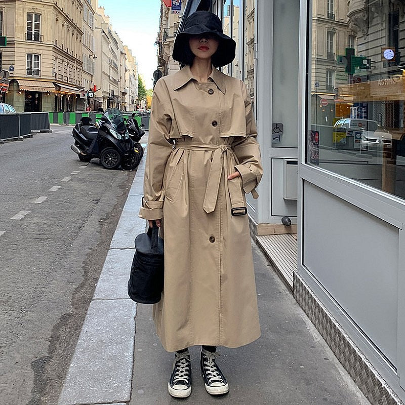 Abrigo de mujer de primavera y otoño, estilo coreano, holgado, de cintura media, largo por encima de la rodilla, de algodón, personalizado, cortavientos para mujer