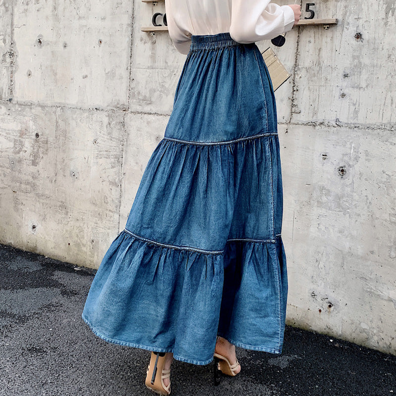 Women'S Long Skirt A-Line High Waist Denim Cake Skirt