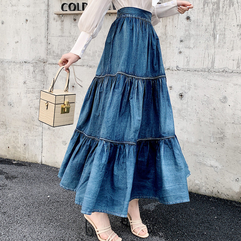 Women'S Long Skirt A-Line High Waist Denim Cake Skirt