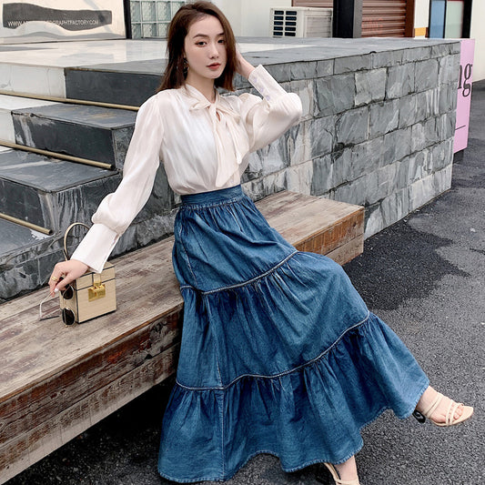 Women'S Long Skirt A-Line High Waist Denim Cake Skirt