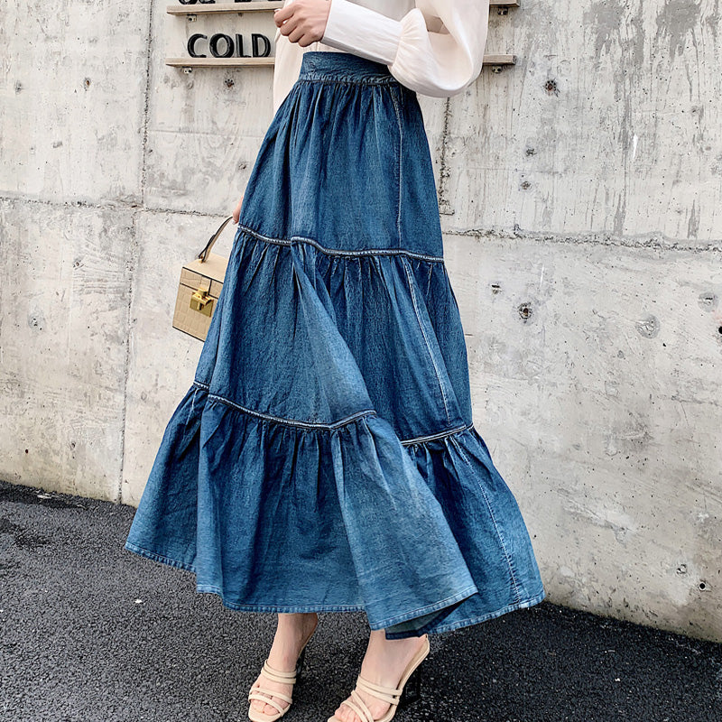 Women'S Long Skirt A-Line High Waist Denim Cake Skirt