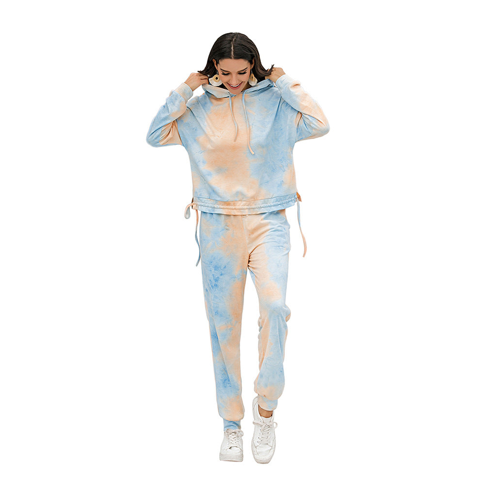 Autumn Winter Hoodie with Drawstrings Long Sleeve Tie-Dyed Casual Sports Suit Sweater for Women