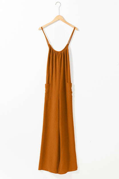 Apricot Spaghetti Straps Waist Tie Wide Leg Jumpsuit with Pockets