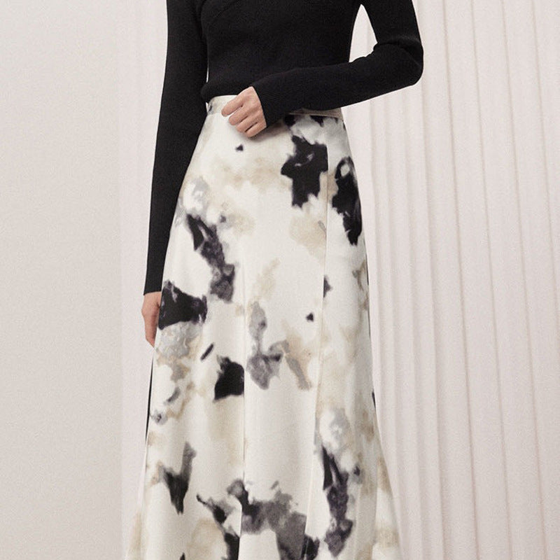 Chinese Style Ink Blooming Printing A- Line Fishtail Skirt