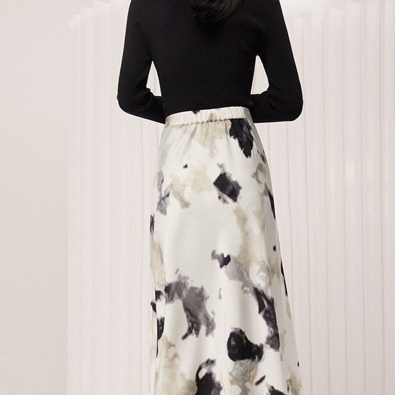 Chinese Style Ink Blooming Printing A- Line Fishtail Skirt