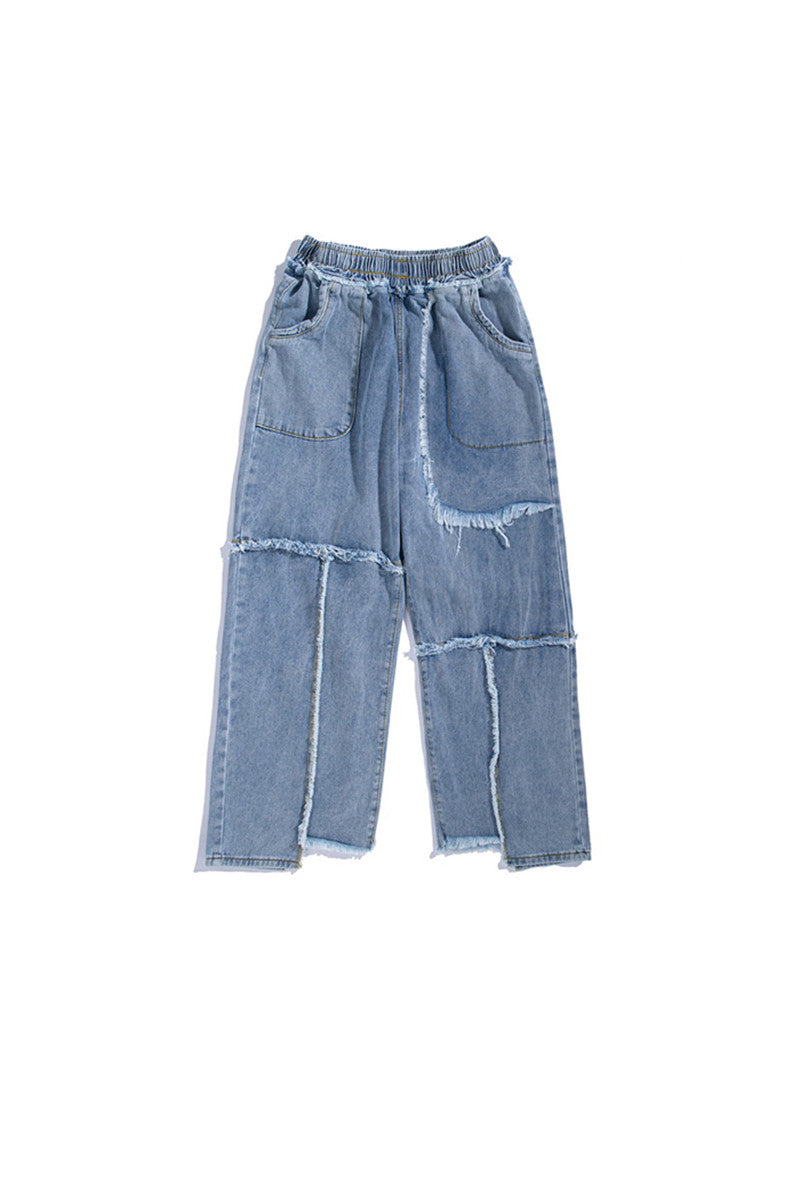 Distressed washed jeans with raw edges