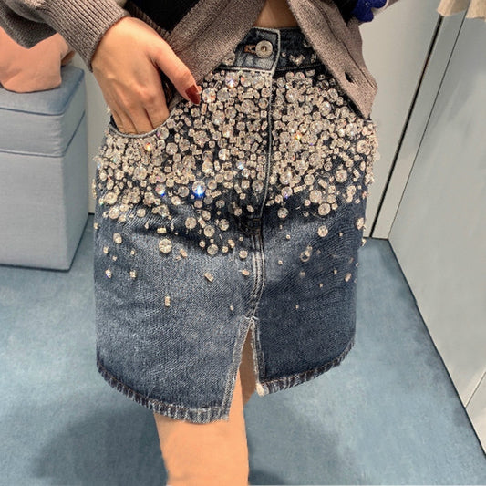 Beaded and diamond front split denim skirt