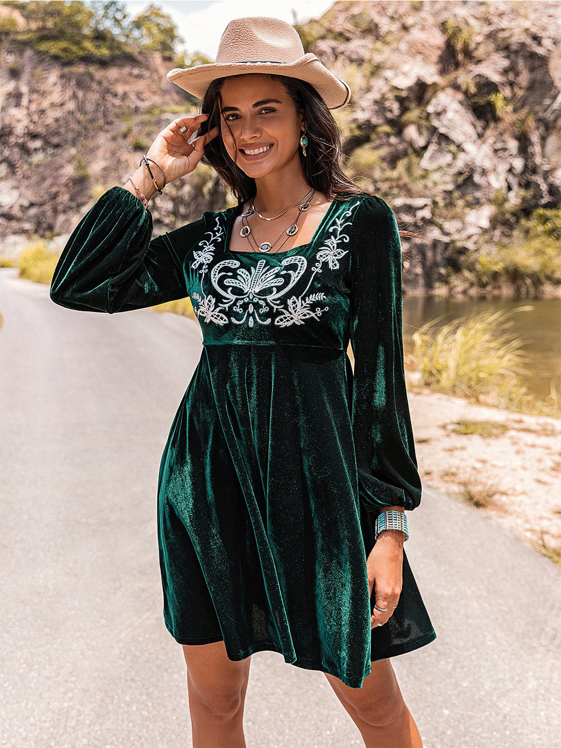 Embroidered Square Neck Long Sleeve Dress