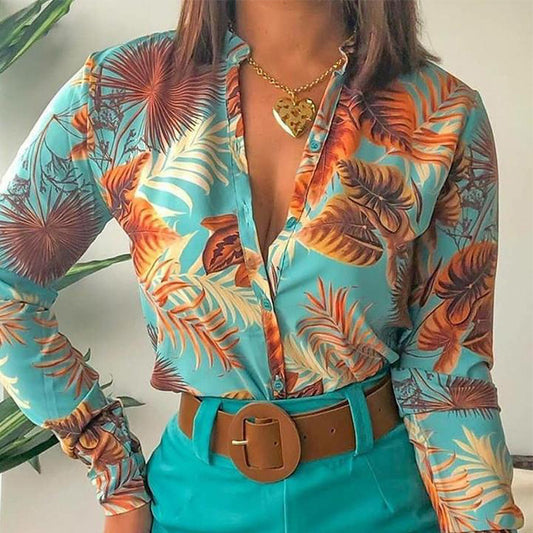 Women's Printed Stand Collar Long-sleeved Shirt