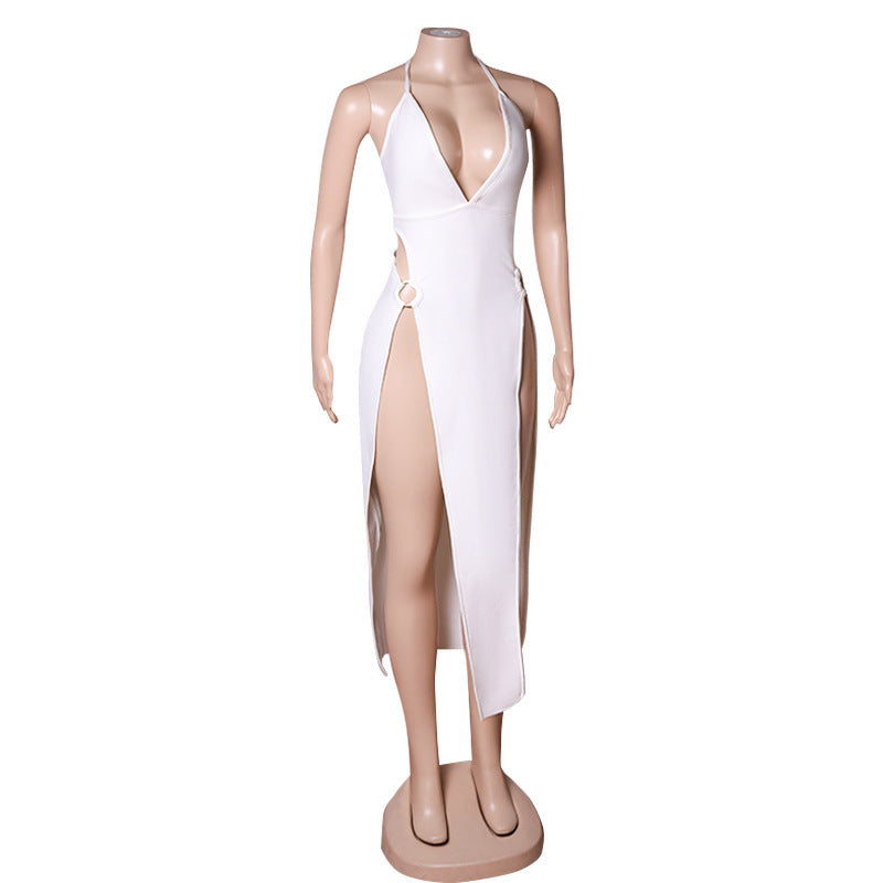 Vestido de noche blanco con escote en V profundo y espalda para mujer de verano