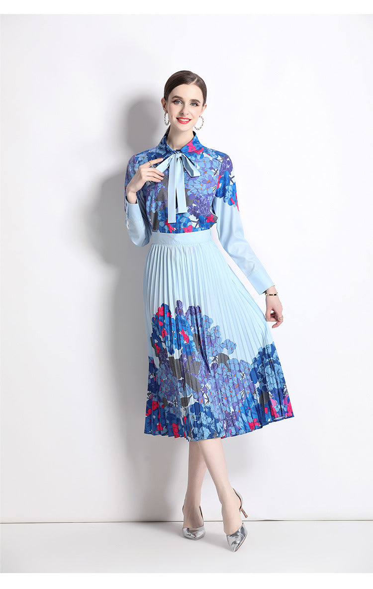 Bow Lace Printing Shirt Fashion Pleated Skirt Suit