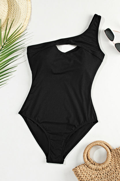 Black Ribbed One Shoulder Hollowed One Piece Swimsuit