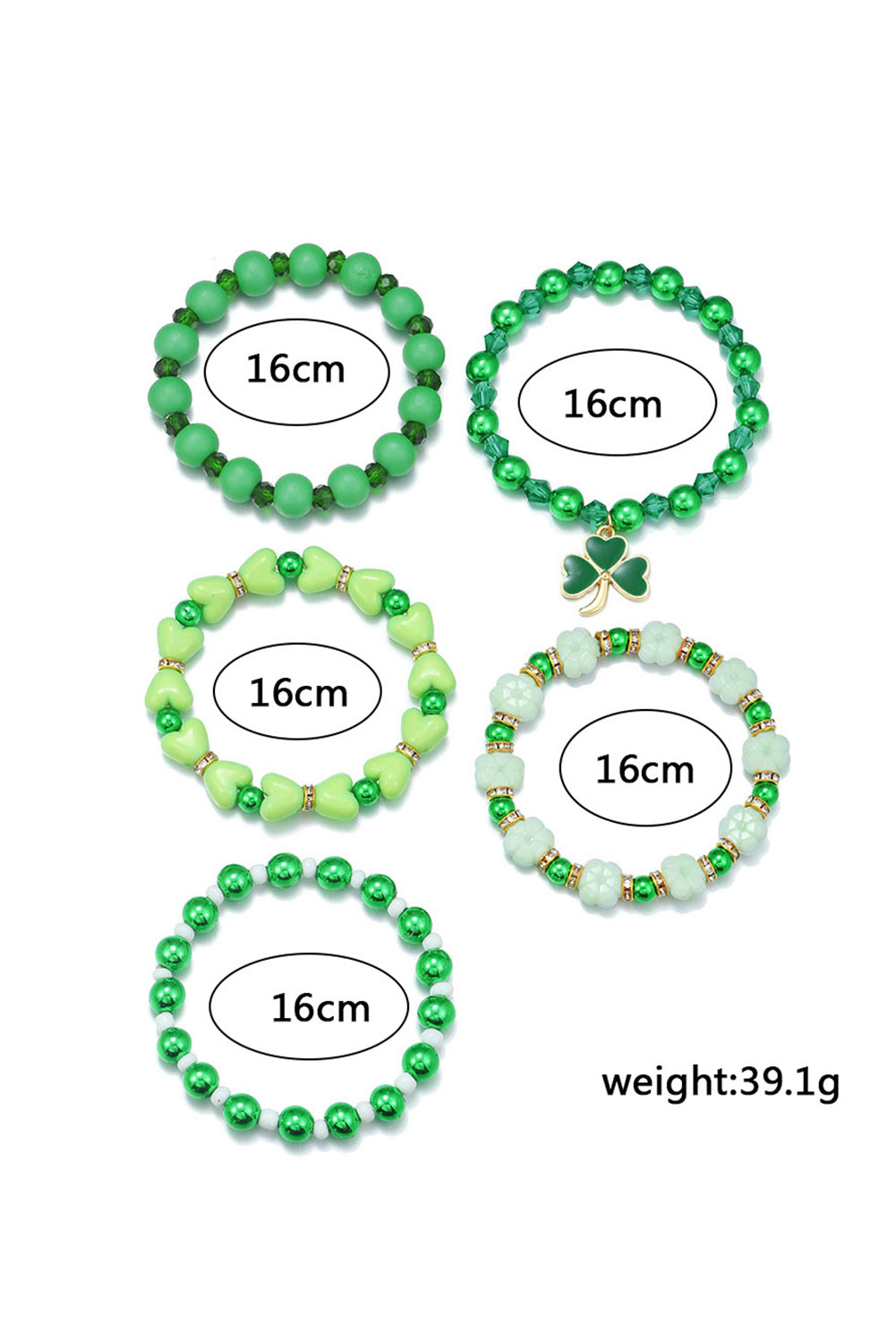 Ensemble de bracelets perlés avec pendentif trèfle vert, 5 pièces