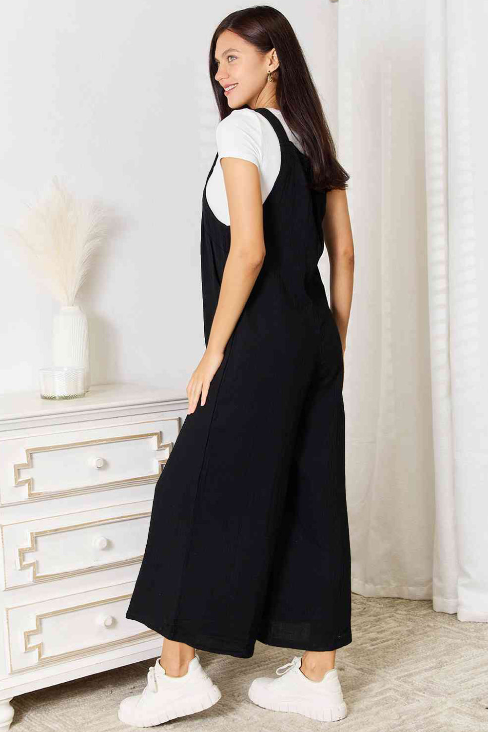 Black Buttoned Straps Crinkled Wide Leg Pocketed Overalls