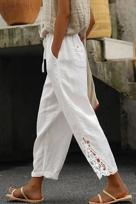 Pantalones de algodón casual con cordón y empalme de encaje blanco