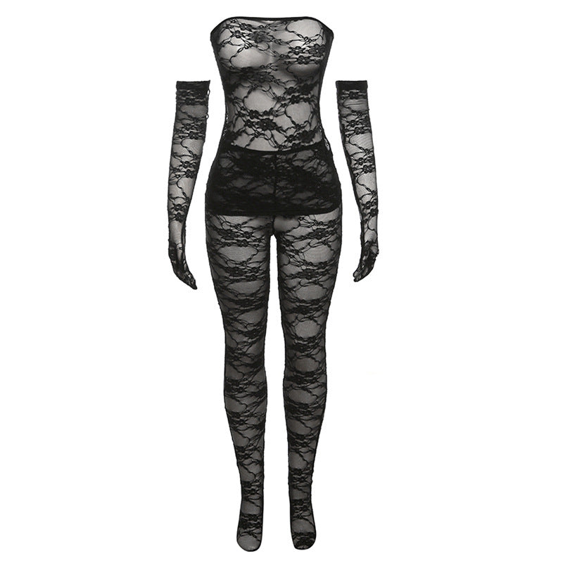 Women's Fashion Lace Tube Top High Waist Tight Body Stocking Long Pants Suit