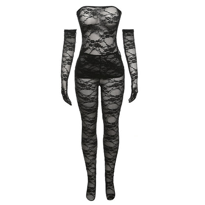 Women's Fashion Lace Tube Top High Waist Tight Body Stocking Long Pants Suit