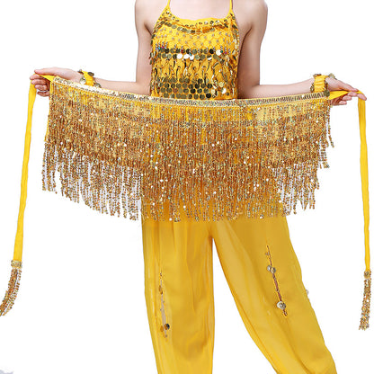 Belly Dance Sequ Tassels Waist Chain Indian Dance Bohemian Lace up Sequ Hip Scarf Waist Scarf Sequ Tassel Skirt