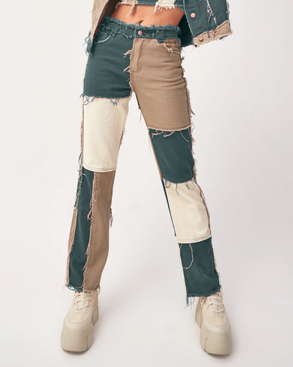 Big Variegated Stitching High Waist Tight Hip Women Clothing Straight-leg Denim Trousers