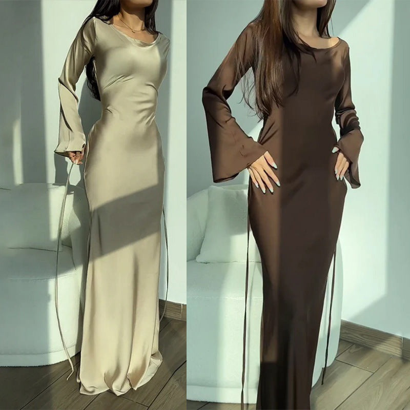 Women's Round Neck Long Sleeved Waist Cinching Dress