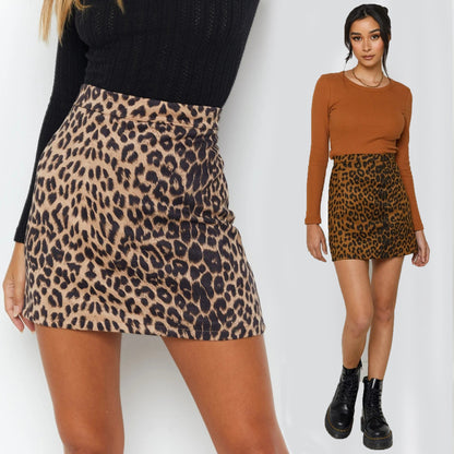 Falda de gamuza para mujer, falda sexy de cintura alta con estampado de leopardo y cremallera, falda de corte A para otoño e invierno