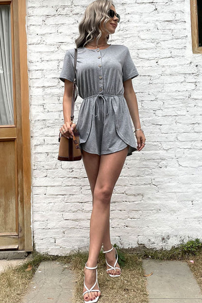 Buttoned Drawstring Round Neck Romper