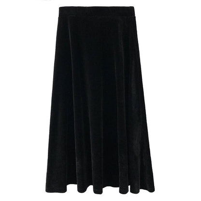 Black Pleuche A line Skirt Autumn Clothing Mature Elegant Big Swing Mid Length High Waisted Skirt Children