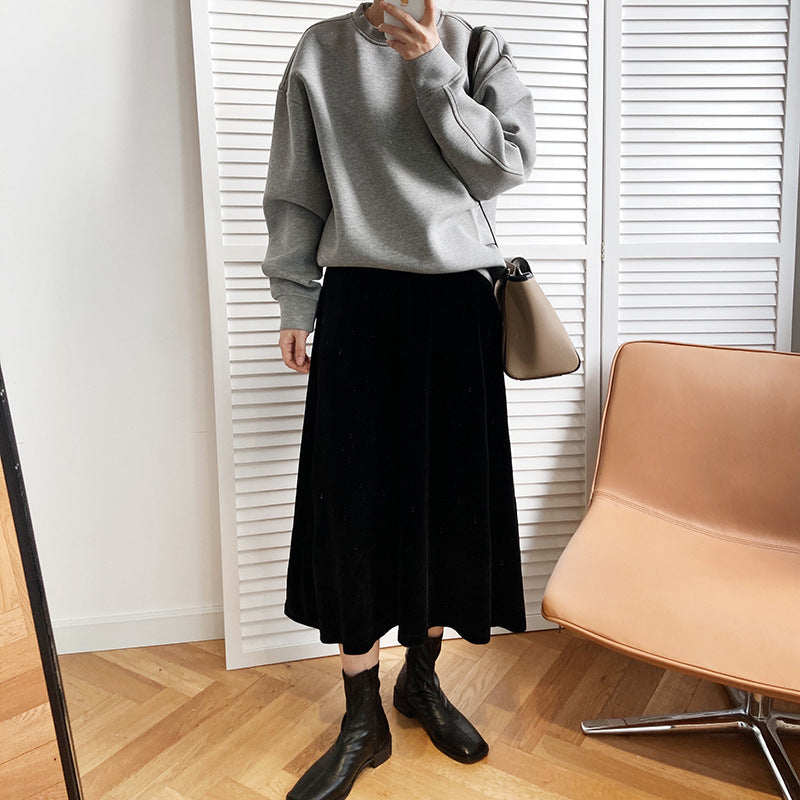 Black Pleuche A line Skirt Autumn Clothing Mature Elegant Big Swing Mid Length High Waisted Skirt Children