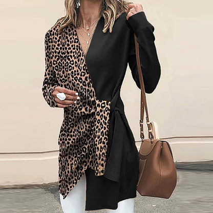 Autumn Winter Ladies V neck Leopard Print Contrast Color Women Dress