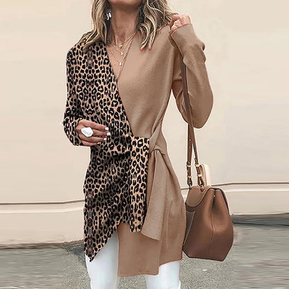 Autumn Winter Ladies V neck Leopard Print Contrast Color Women Dress