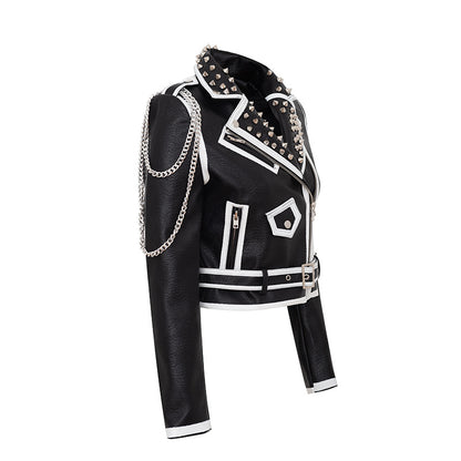 Autumn Winter Chain Coat Printed Rivet Top Short Leather Jacket Women