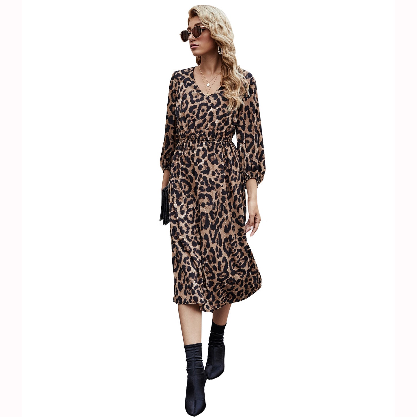 Ropa de mujer Retro cuello en V estampado de leopardo Vestido de manga larga Otoño Invierno