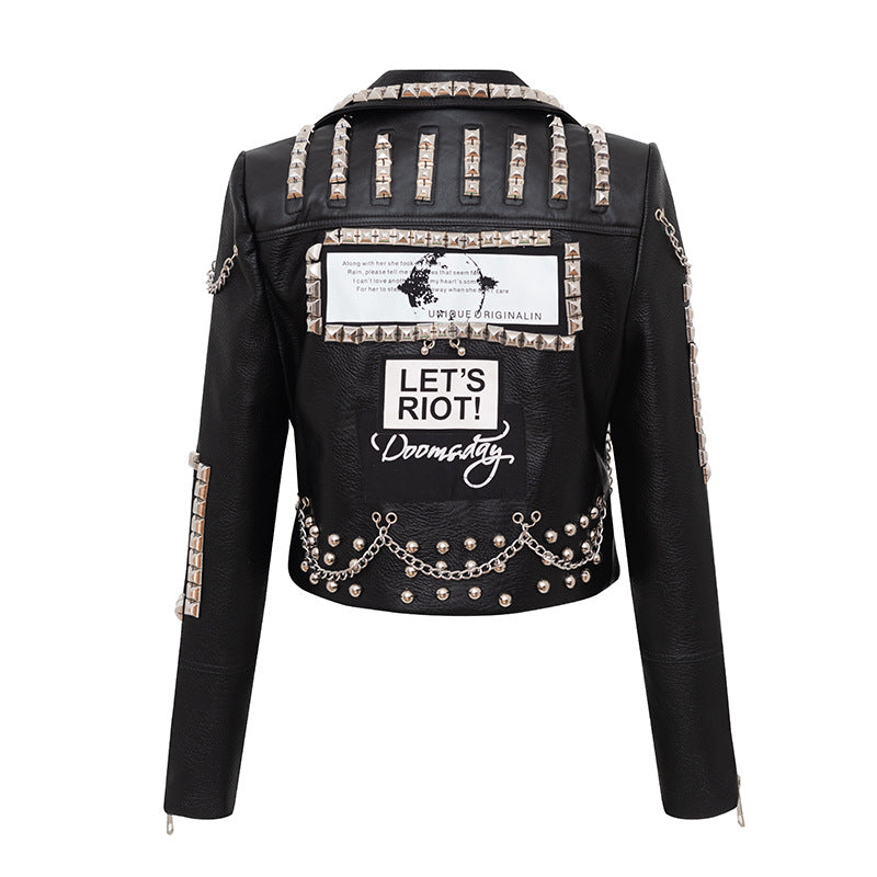 Autumn Winter Rivets Coat Graffiti Printing Leather Coat Short Slim Fitting Biker Leather Coat Women