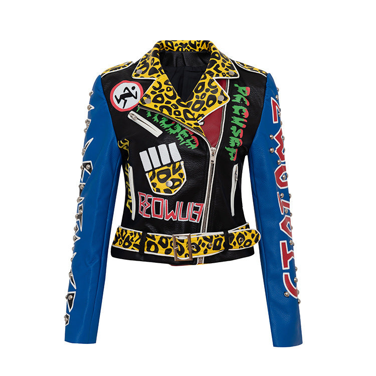 Marque Graffiti Impression Moto Vêtements Court Rivet Veste En Cuir Femmes Automne Hiver Personnalisé Moto Veste En Cuir Femmes