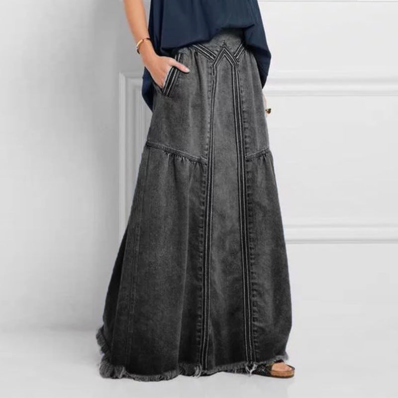 Women pring Summer Denim A Skirt Binding Tape Brushed Elastic High Waist Simple All Match Long Skirt