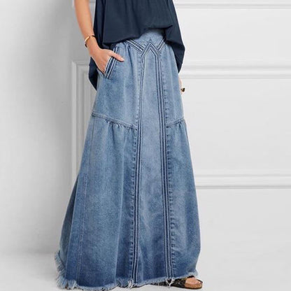 Women pring Summer Denim A Skirt Binding Tape Brushed Elastic High Waist Simple All Match Long Skirt