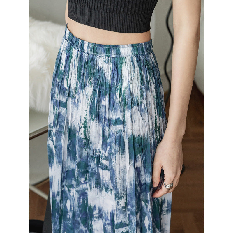 Acetate Print Pleated Skirt Hem Slit Skirt