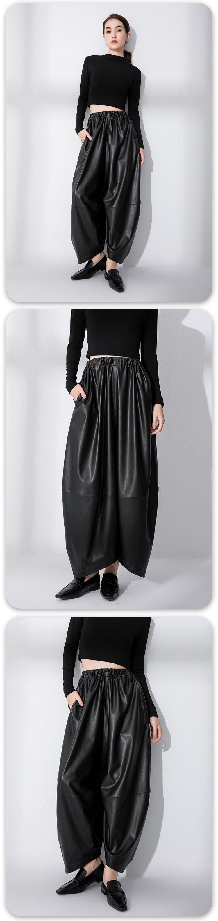 Black Matte Protein Environmentally Friendly PU Leather High-waisted Trousers Thin Velvet Simple