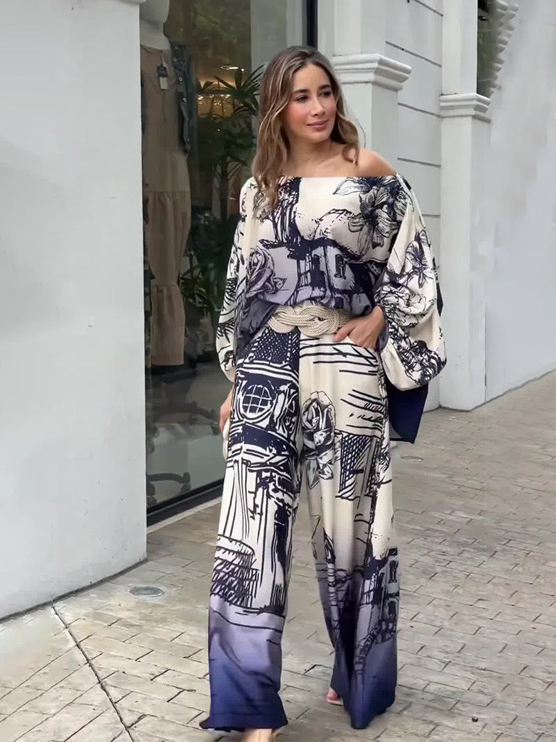 Autumn Printed Long Sleeve Batwing Shirt Wide Leg Pants Suit