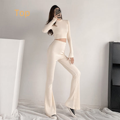 Tight Long-sleeved T-shirt Top Slim-fit High Waist Flattering Leisure Horn Wide-leg Pants Two-piece Suit