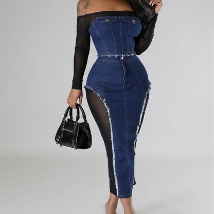 Women's Fashion Mesh Denim Stitching See-through Tube Top Skirt Two-piece Set