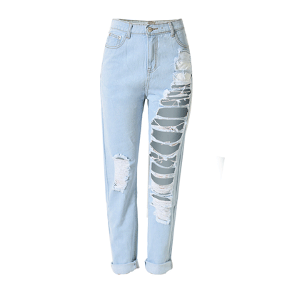 Women Ripped Denim Loose Straight Pants Cropped Pants