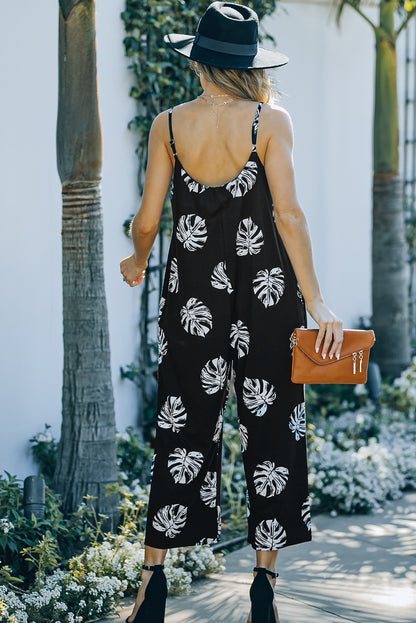 Botanical Print Spaghetti Strap Cropped Jumpsuit