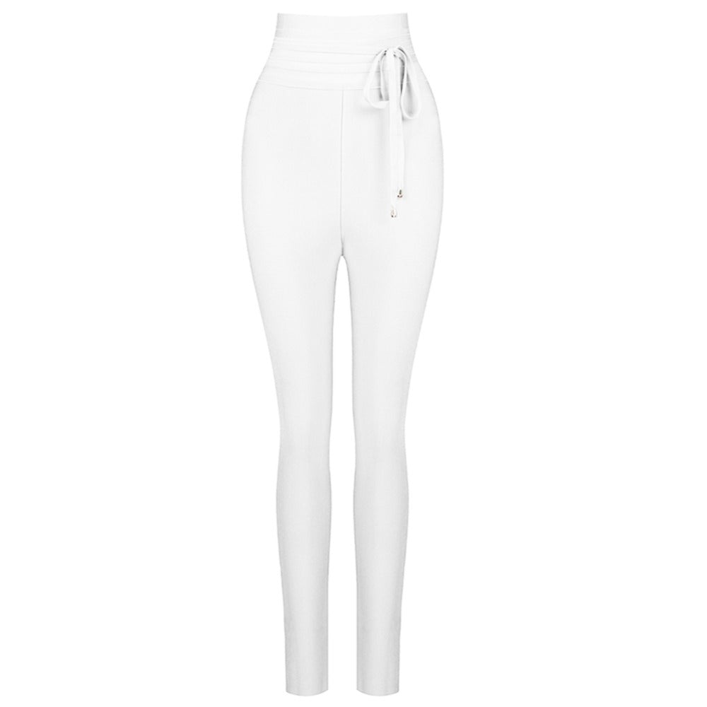 Taille haute bandage décontracté couleur unie mince crayon pantalon pieds