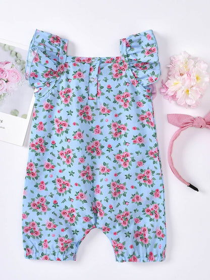 Baby Girl Printed Bow Detail Square Neck Romper