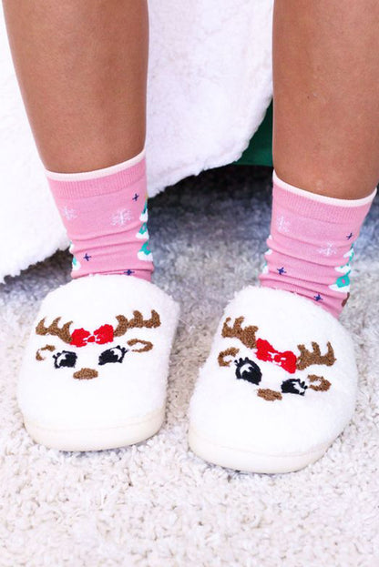 Pantuflas de felpa con patrón de dibujos animados de Navidad blanca