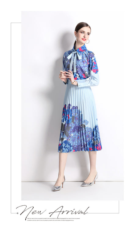 Bow Lace Printing Shirt Fashion Pleated Skirt Suit