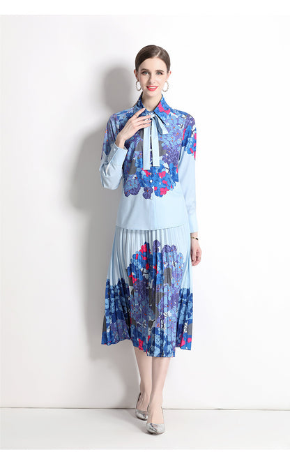 Bow Lace Printing Shirt Fashion Pleated Skirt Suit